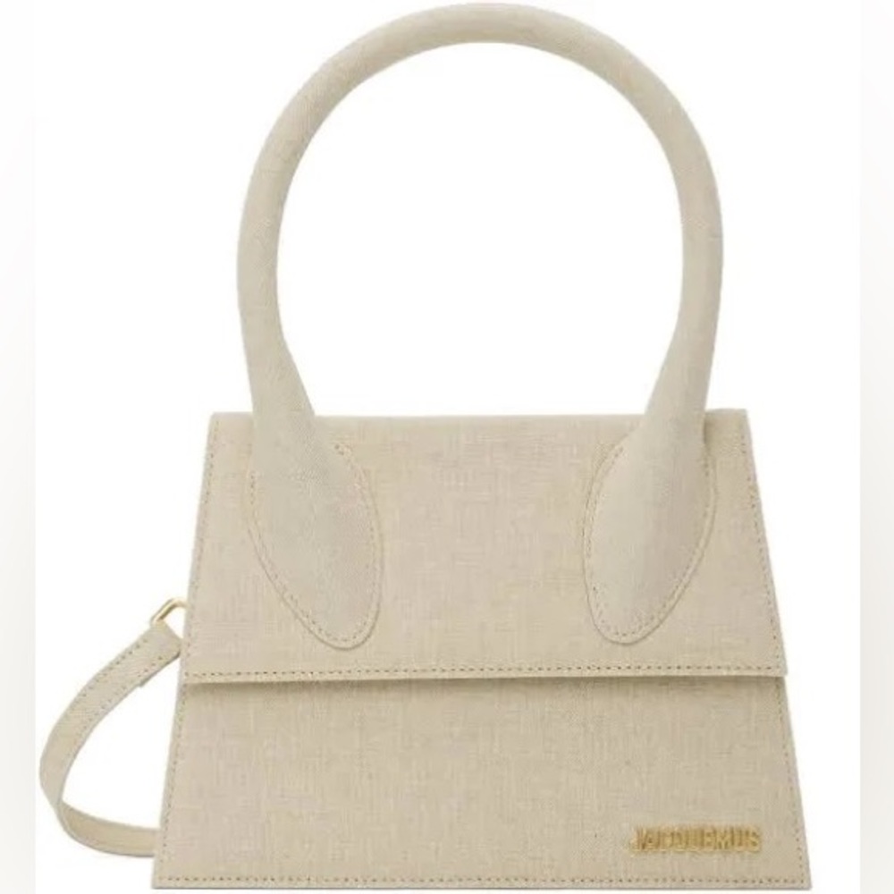 Authentic Jacquemus le grand chiquito light greige linen large signature handbag